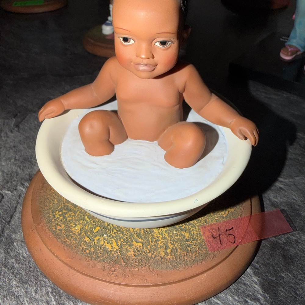 Adorable Baby Doll in Bath Sculpture with Cream and Brown Finish